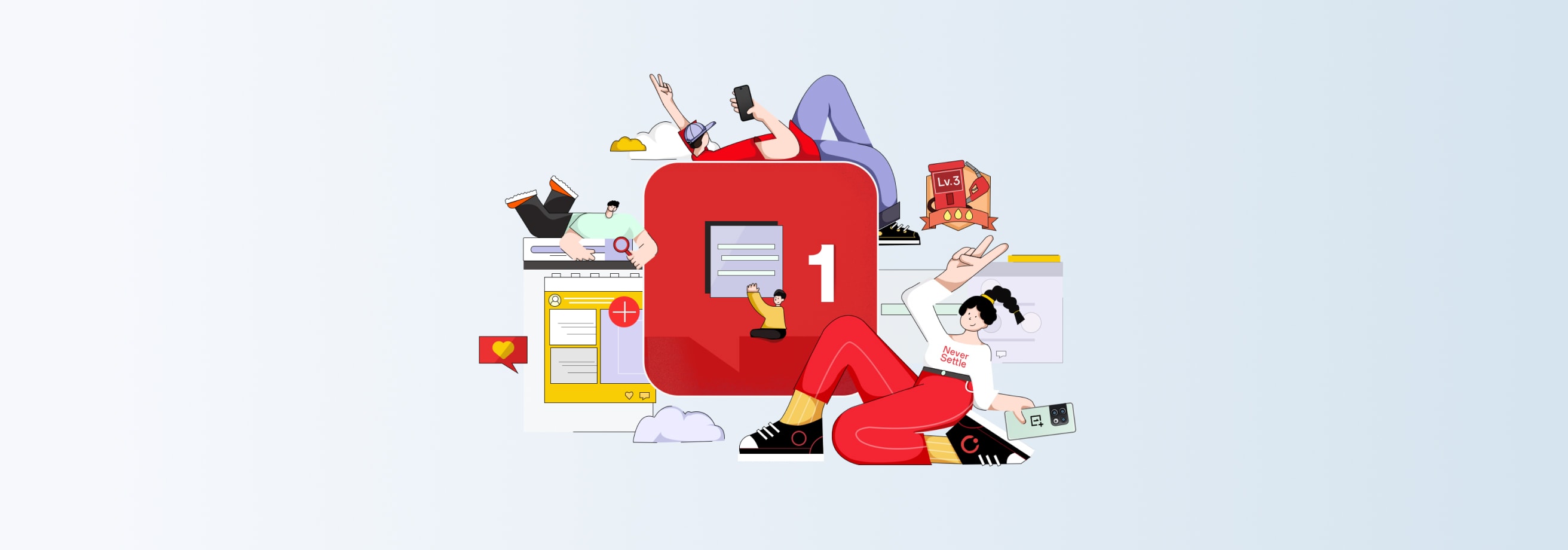 Colorful abstract illustration of a person in a red outfit using various digital devices and surrounded by technology-related elements.