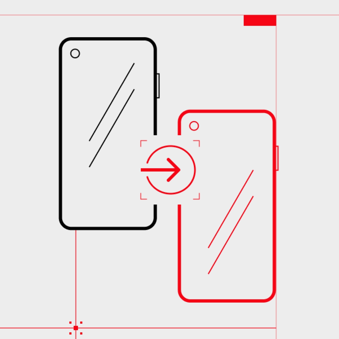 Simple black and white mobile phone with red directional icon.