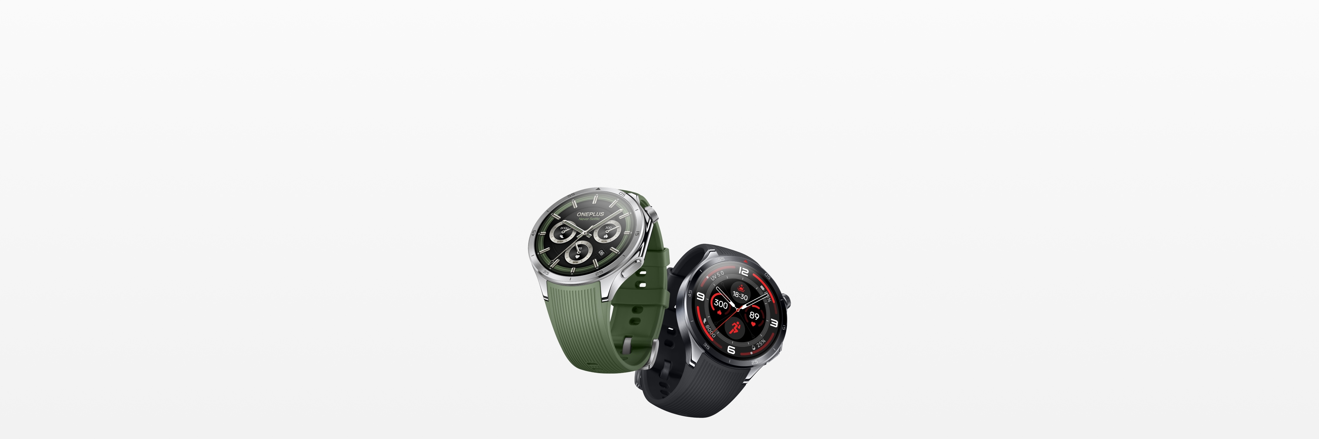 Two round, sleek watches in black, green, and red colors.
