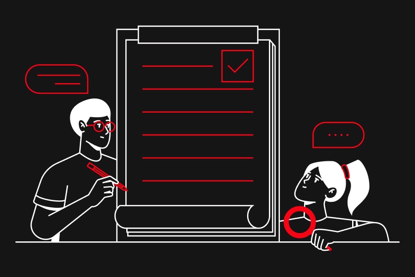 The main content of the image is a black and white illustration depicting two people discussing a checklist on a red and white document.