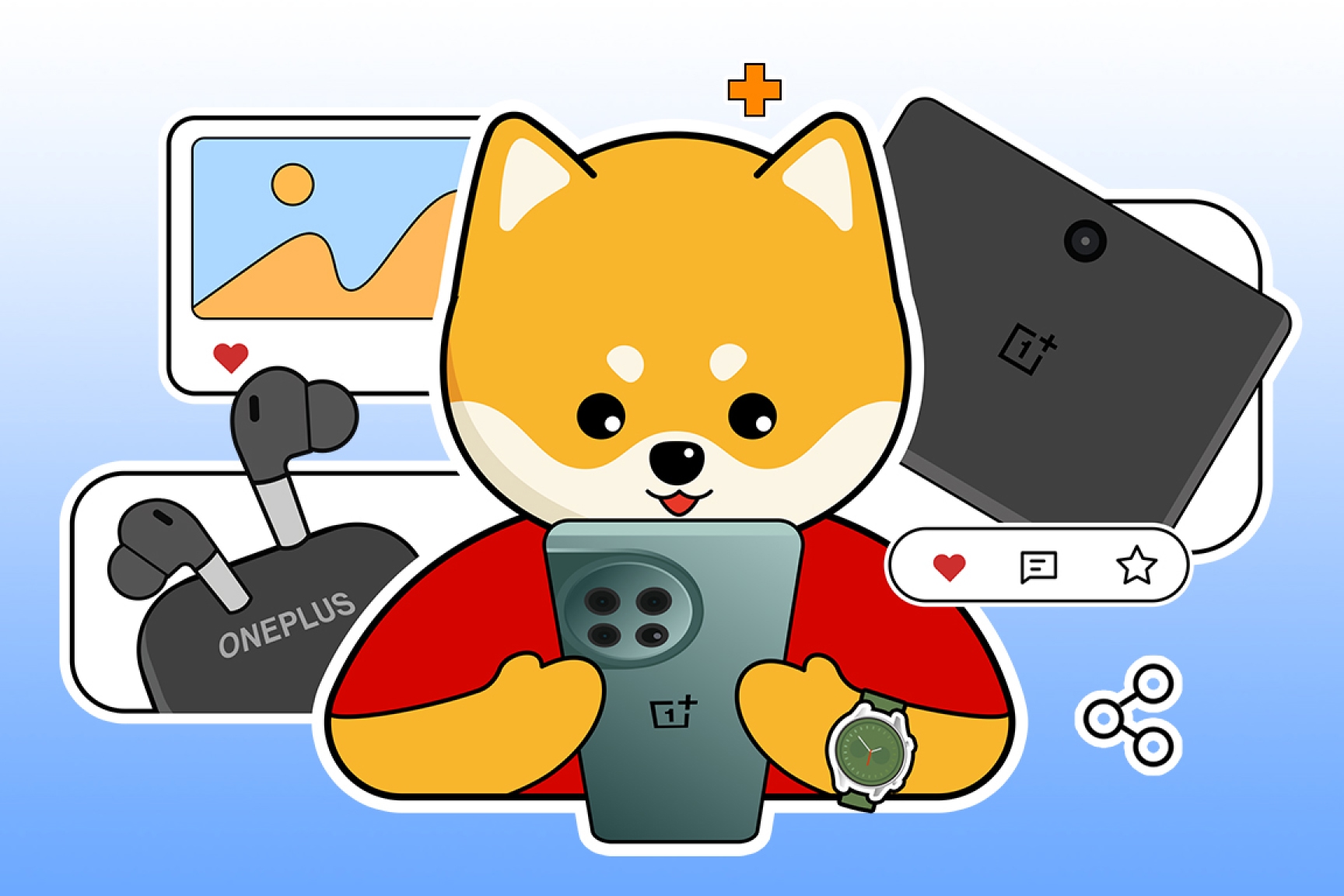 Cheerful yellow and red cartoon dog with devices.